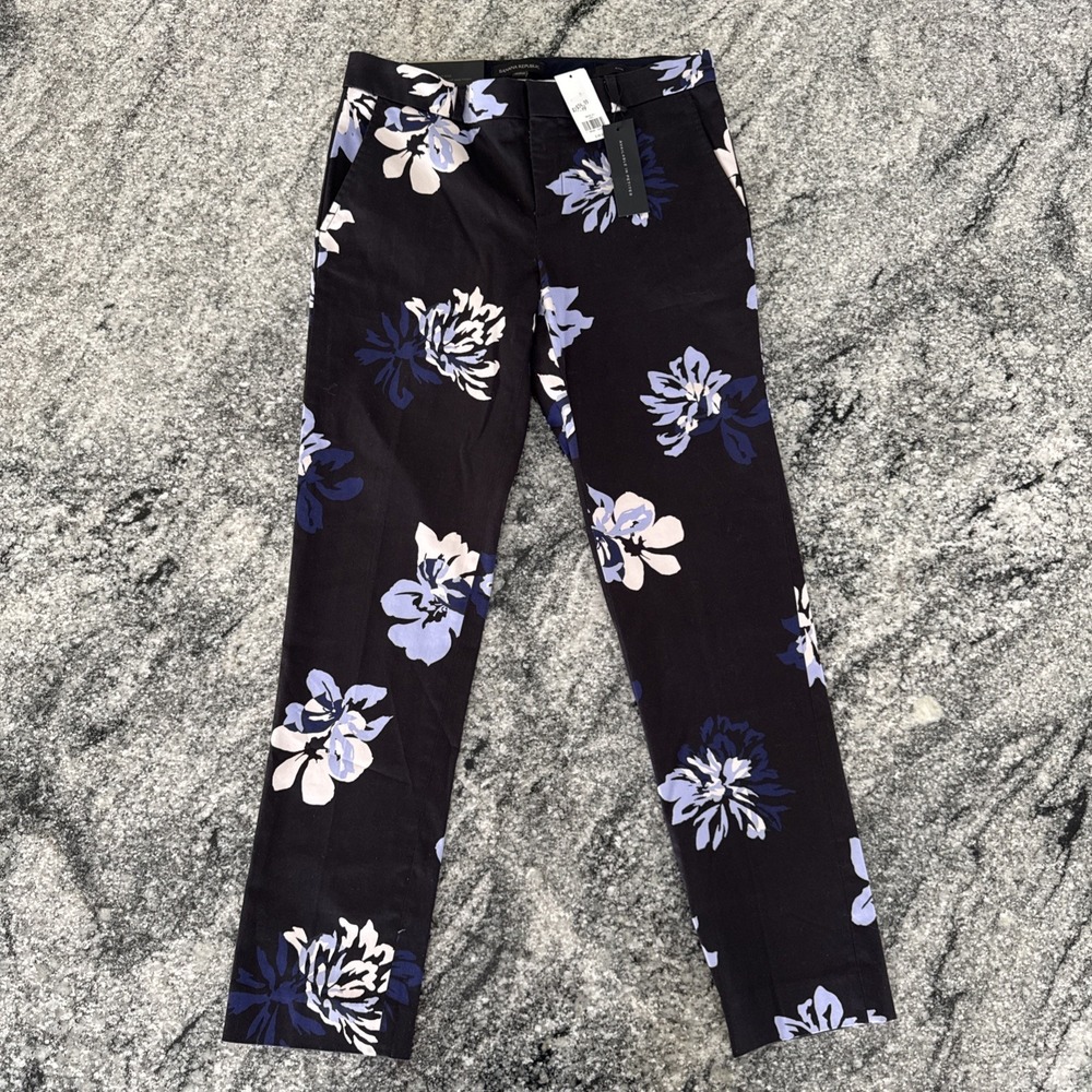 NWT Banana Republic Ryan Fit Painted Black Floral Slim Straight Pant Size 2